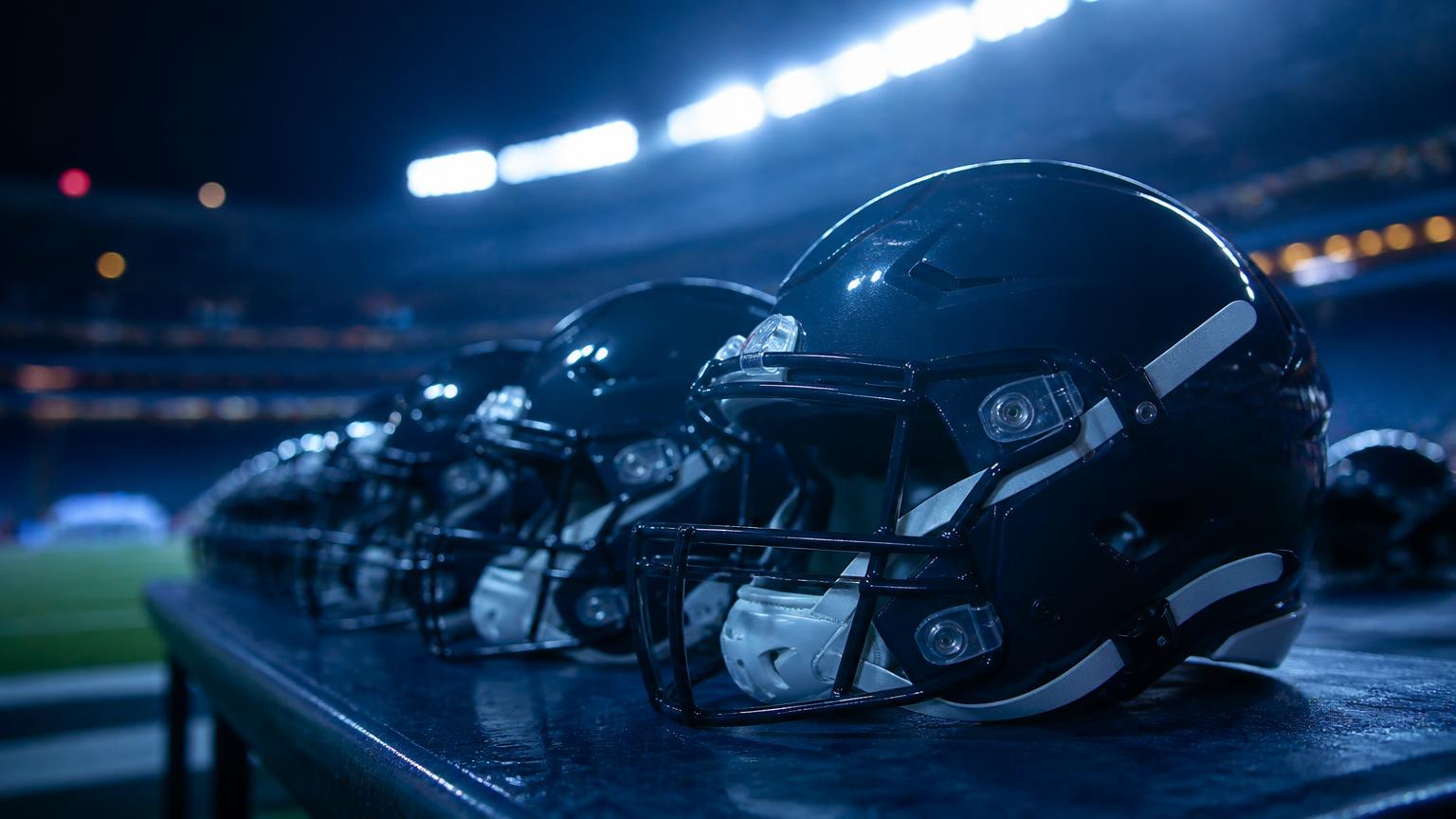 Cascos de futbol americano alineados bajo luz azul